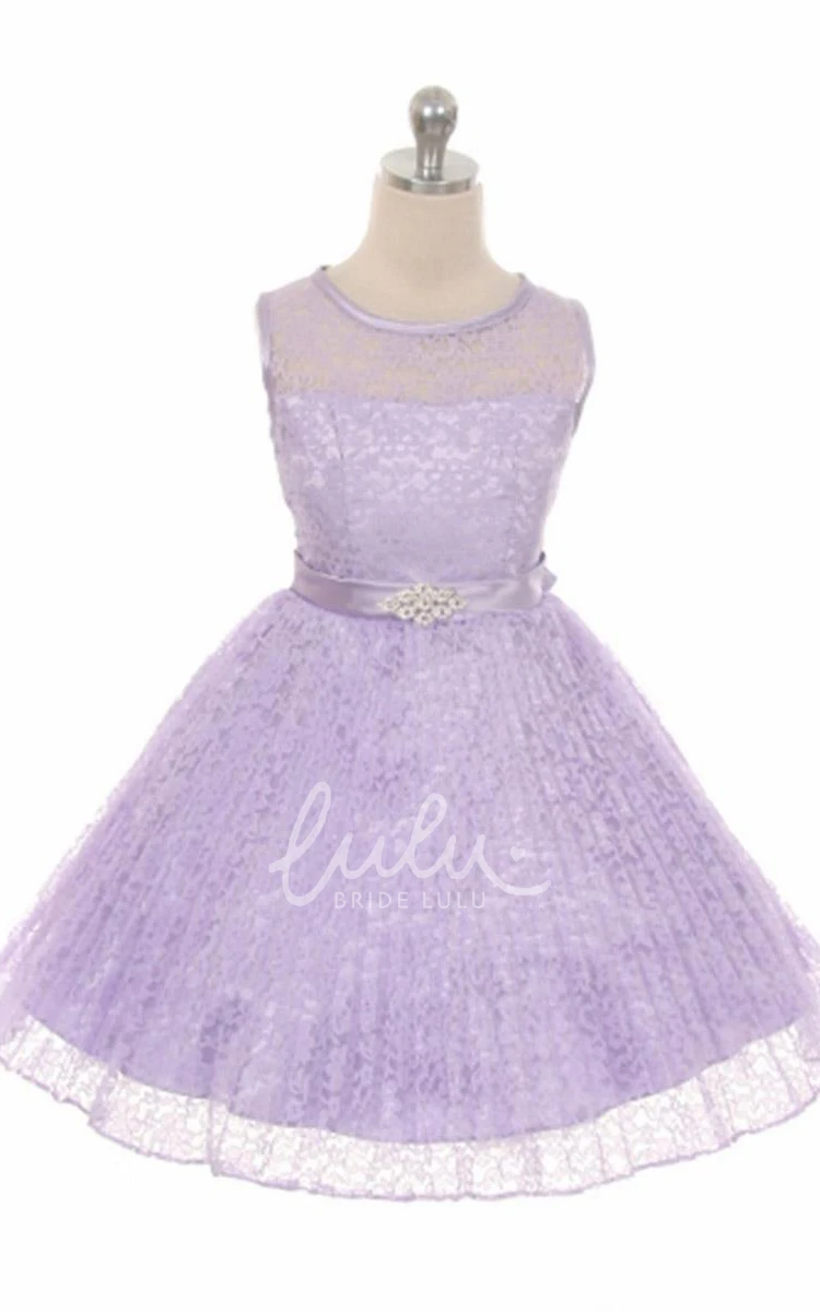 Illusion Pleated Lace&Satin Flower Girl Dress Tea-Length Classy Style