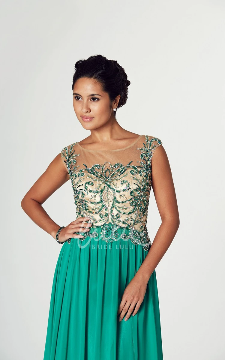 Split Front Cap-Sleeve Beaded Scoop-Neck A-Line Prom Dress Classy Evening Dress