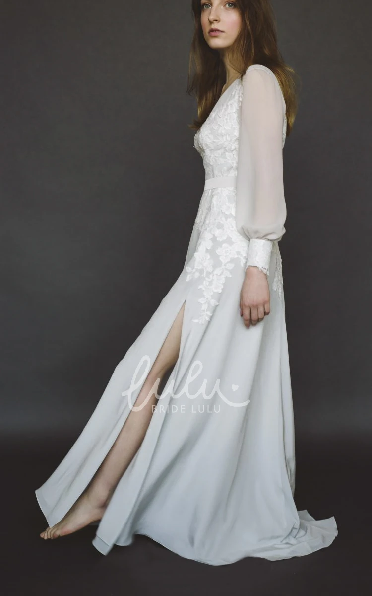 Chiffon Wedding Gown with Long Poet Sleeve and V-neck Lace Appliqued Split Chiffon Wedding Dress