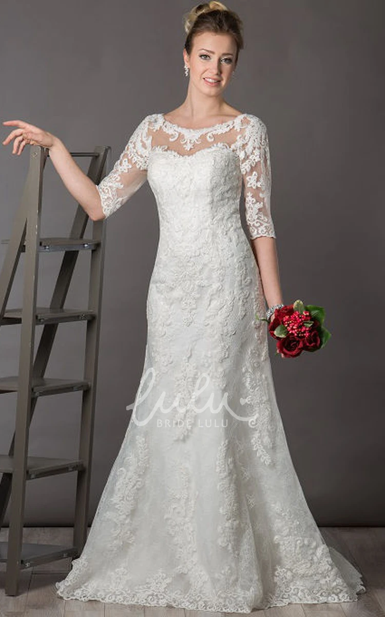 Illusion Half Sleeve Lace Wedding Dress with Scoop Neck and V-Back