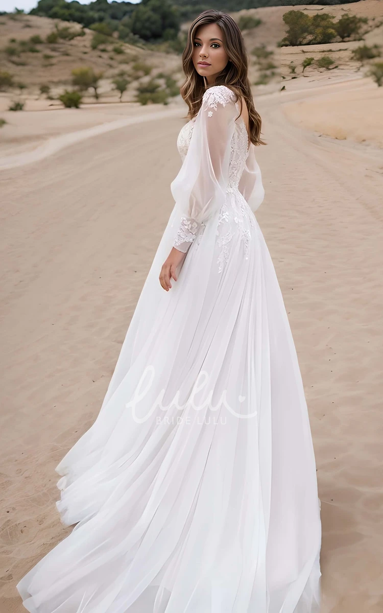 V-Neck Illusion Long Sleeve Romantic Tulle Lace Front Split Country Wedding Dress with Delicate Applique Beach Dress