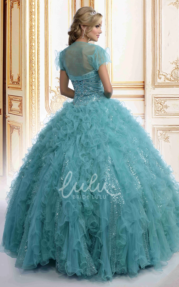 Organza Ball Gown with Illusion Cape and Cascading Ruffles Formal Dress