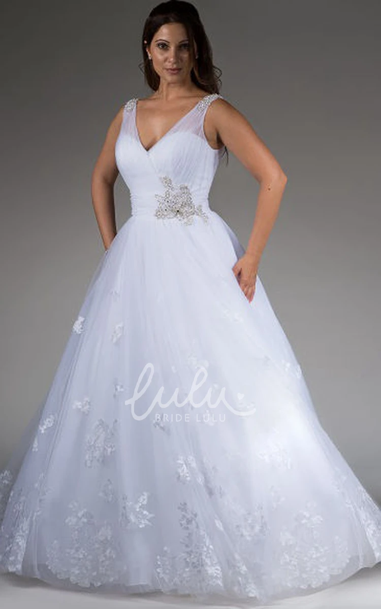 Tulle Ball Gown Wedding Dress with Beaded Bandage and V Neck