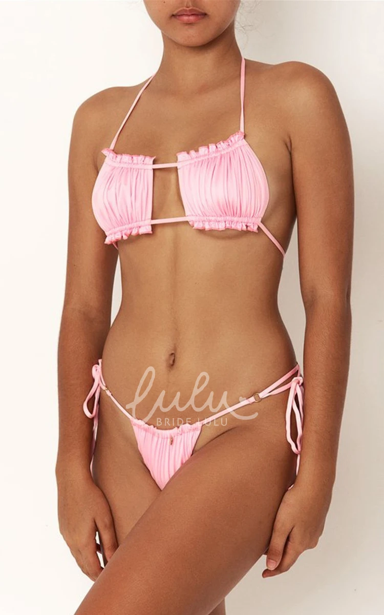 Plain Halter Tie Side Ruched Bikini Set