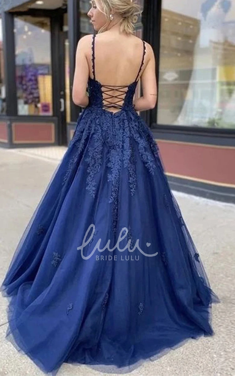 Sexy Backless Tulle A-Line Evening Dress with Appliques for Women