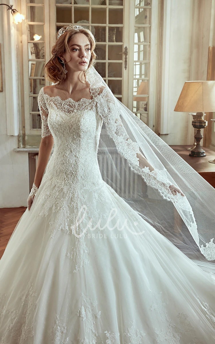 A-line Court Train Wedding Dress with Off-Shoulder and Half Sleeves Classic Bridal Gown