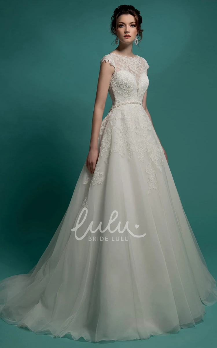 Illusion Organza A-Line Floor-Length Jewel-Neck Cap-Sleeve Dress with Appliques and Beading