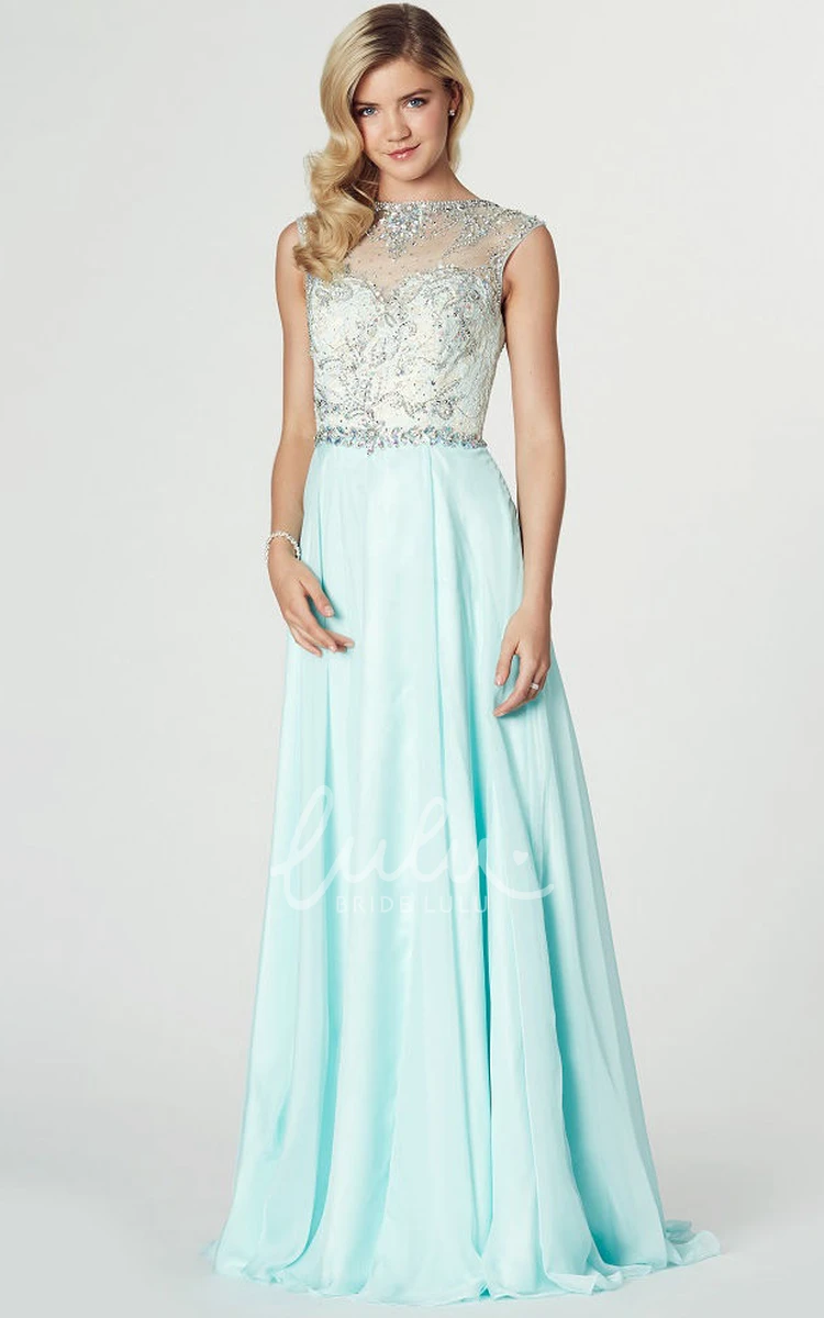 Chiffon Jewel Neck Sleeveless Prom Dress Maxi Length with Beading