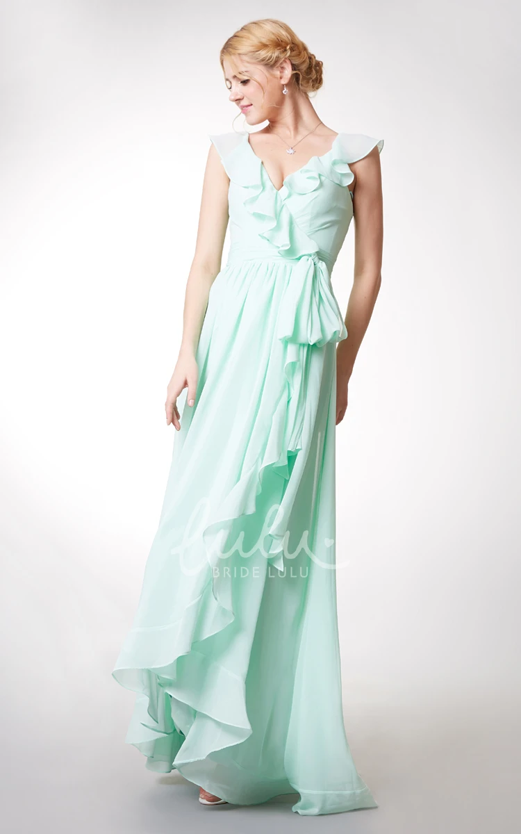 Asymmetric Ruffled Chiffon Bridesmaid Dress with Cap Sleeves and Sash