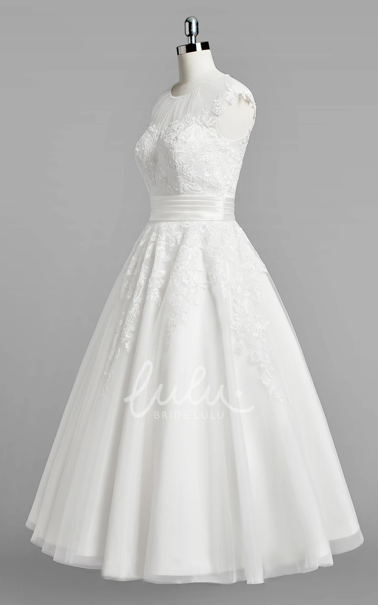 A-Line Lace Wedding Dress with Jewel Neck and Ruched Belt