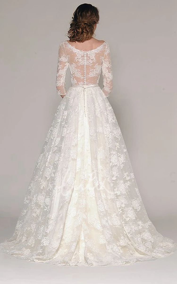 Lace V-Neck A-Line Wedding Dress with Appliques and 3/4 Sleeves