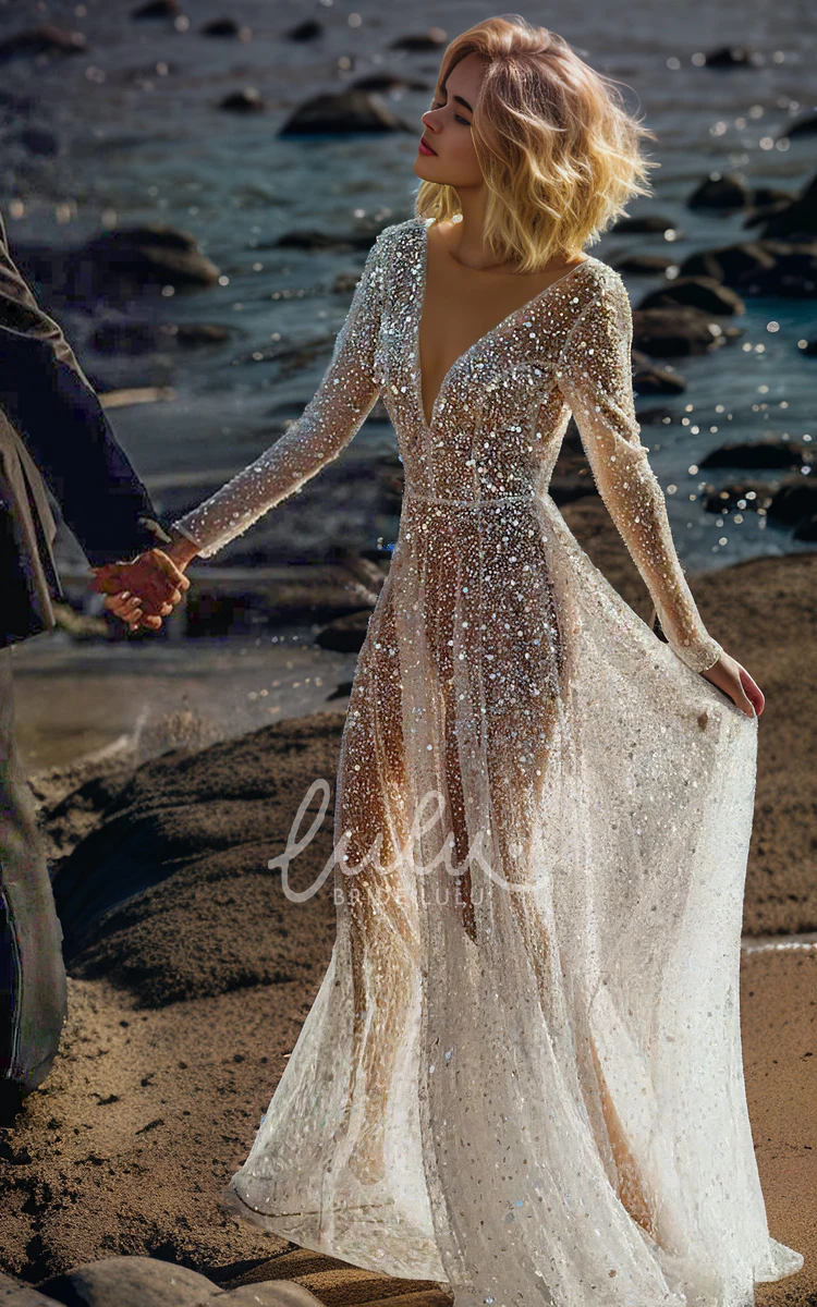 Sexy Sparkly Sequins Pearl V Neck Long Sleeves A-Line See Through Wedding Dress with V Back