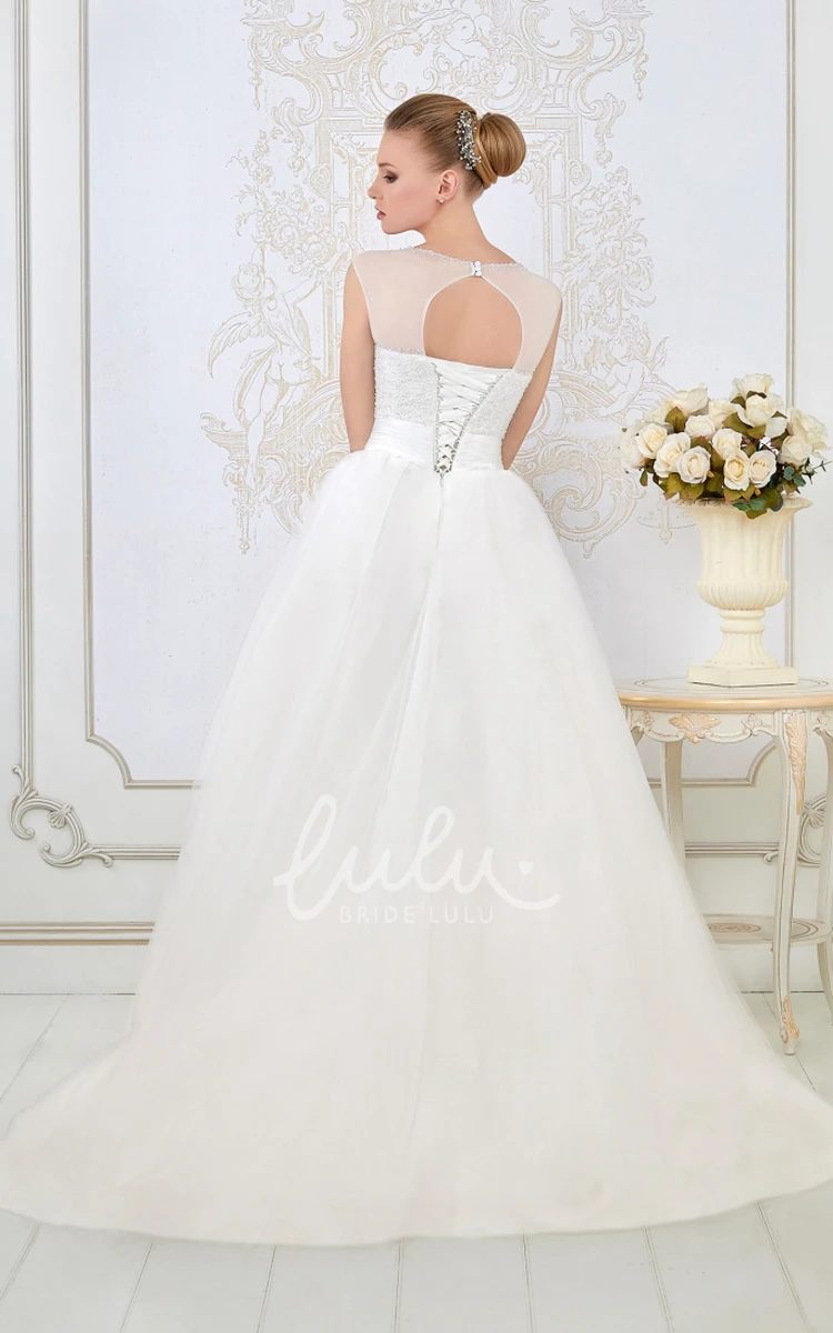 Sleeveless Tulle A-Line Wedding Dress with Beaded Scoop Neck and Waist Jewelry Unique Bridal Gown