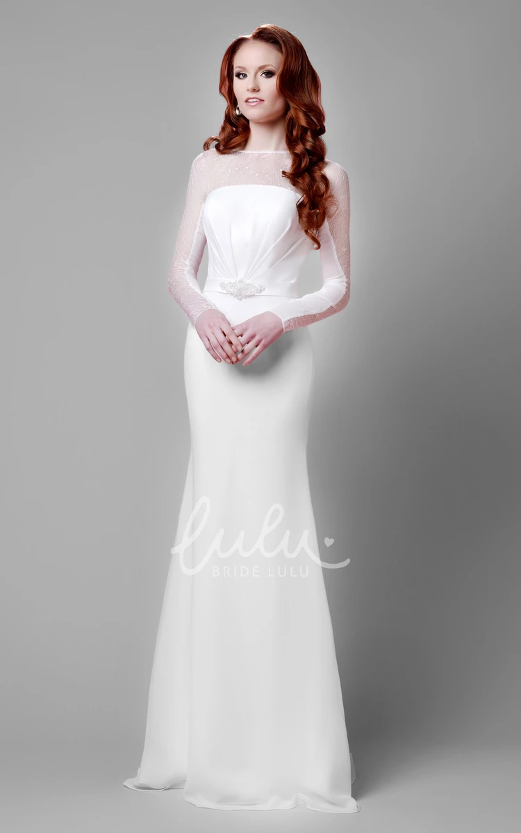 Long Sleeve Lace and Chiffon Wedding Dress with Illusion Back Pearls Embellished Bridal Gown