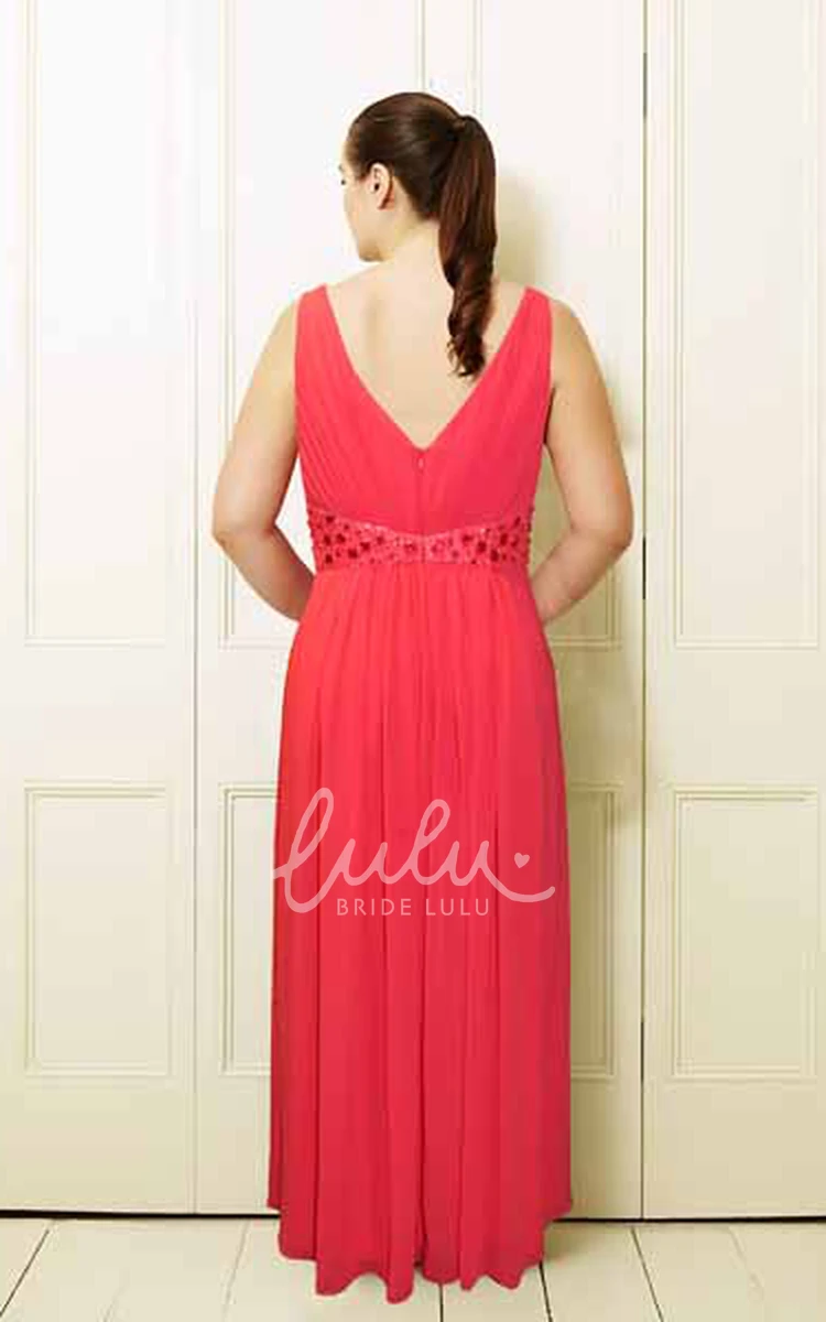 Plus Size Beaded Chiffon Prom Dress with Pleats Sleeveless V-Neck Maxi