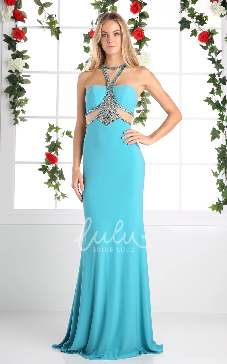 Halter Sheath Jersey Formal Dress with Floor-Length and Beading