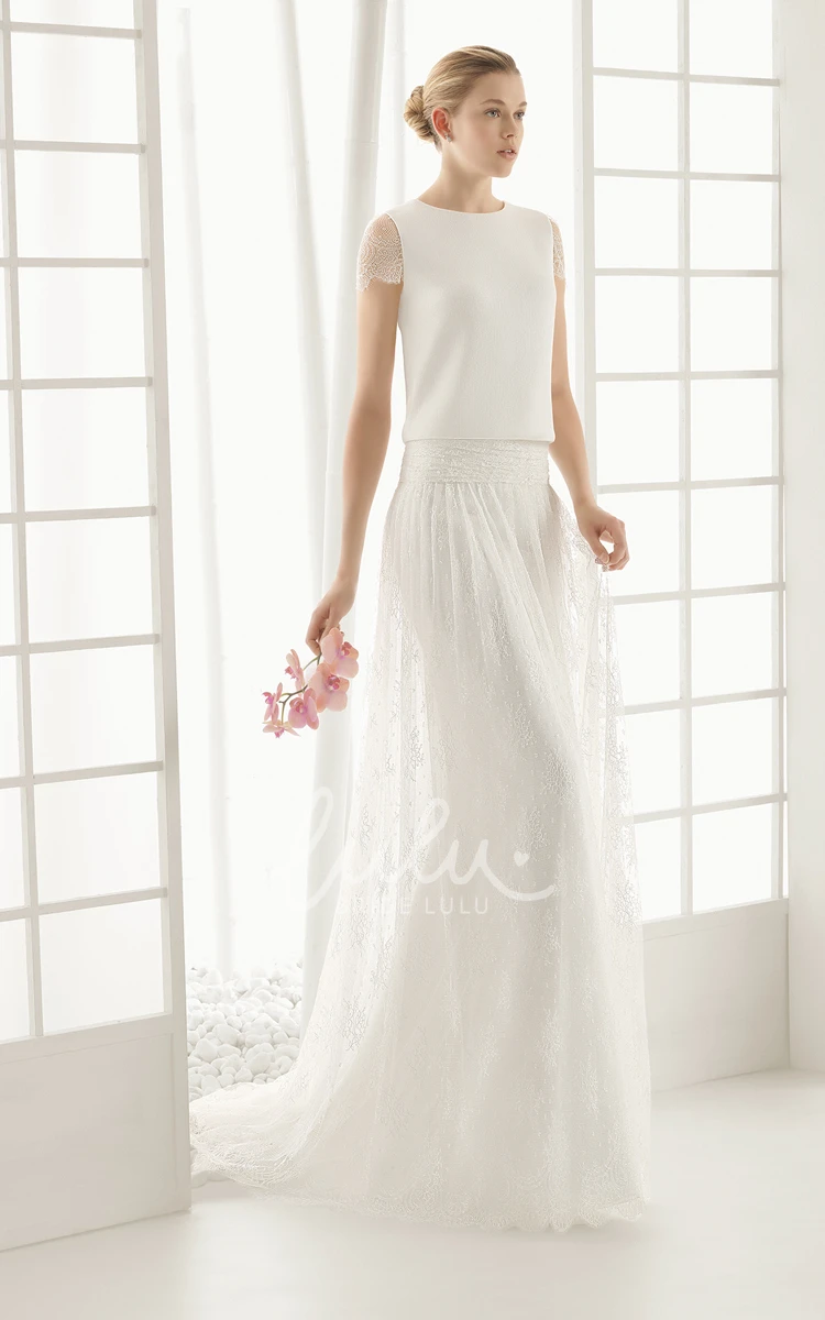 Cap-sleeved Lace Wedding Dress with Dropped Waistband and Decorative Buttons