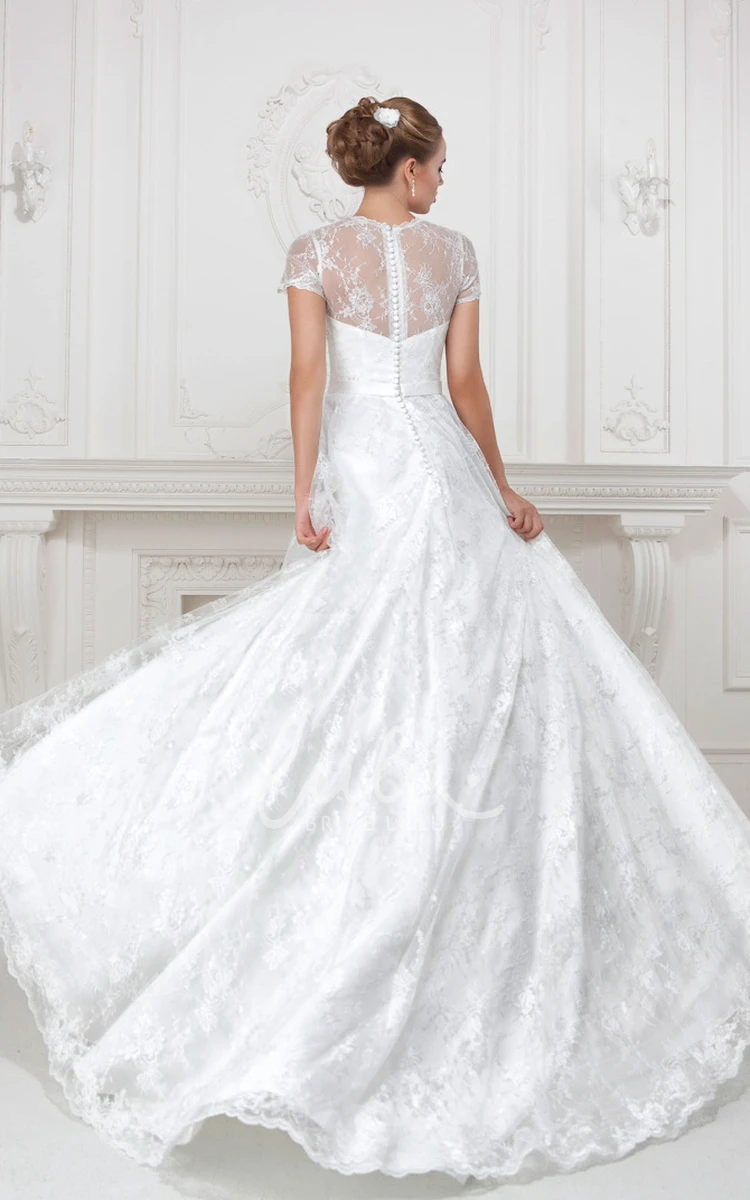 High-Neck Lace and Satin Short-Sleeve A-Line Wedding Dress with Waist Jewelry