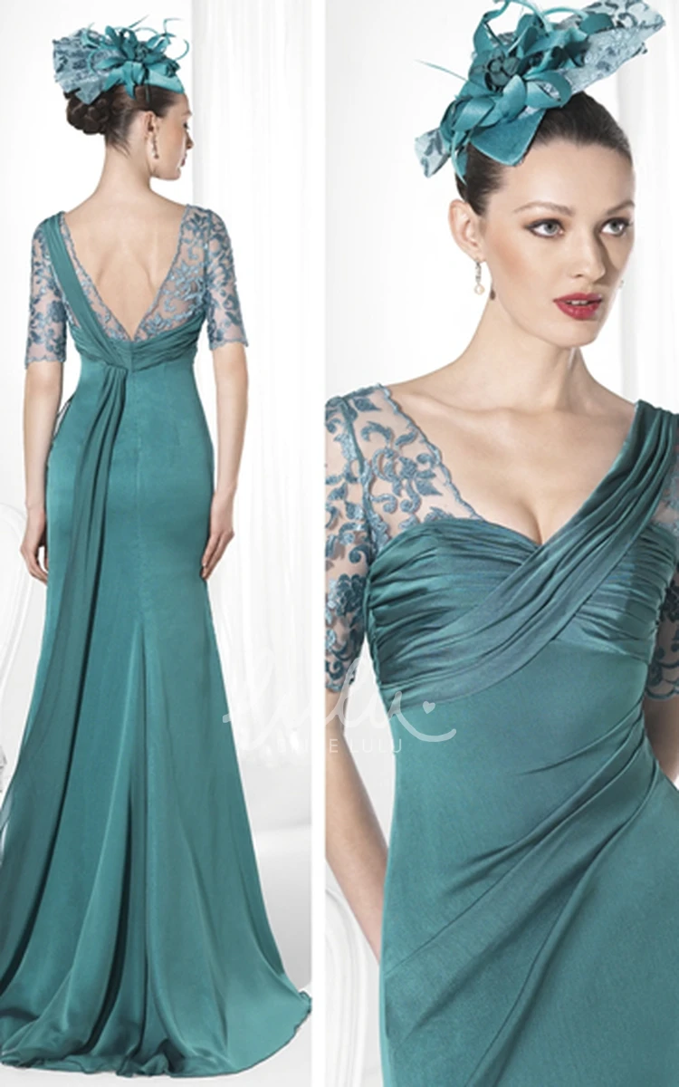 Embroidered V-Neck Sheath Prom Dress with Ruching Floor-Length