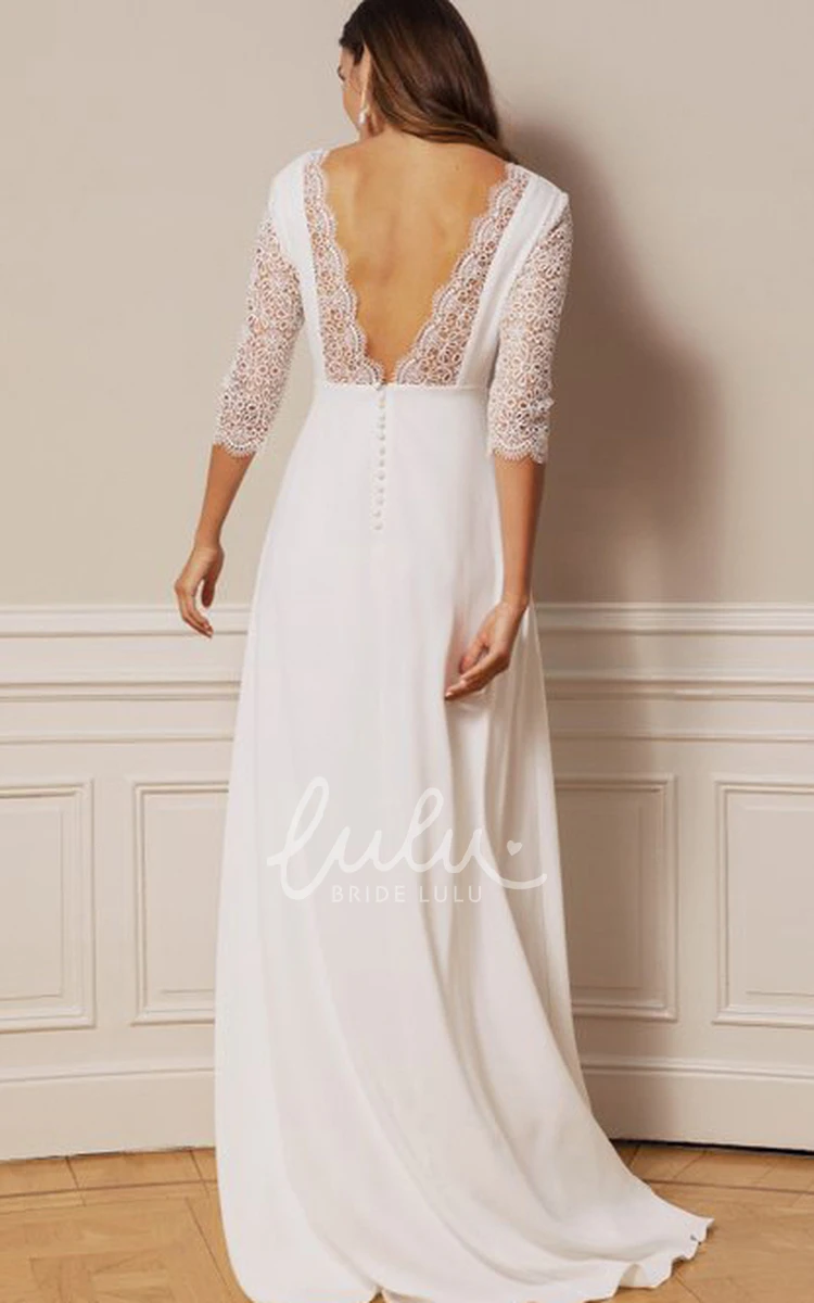 Vintage Chiffon Lace A Line Wedding Dress with Deep-V Back and V-neck Timeless and Modern