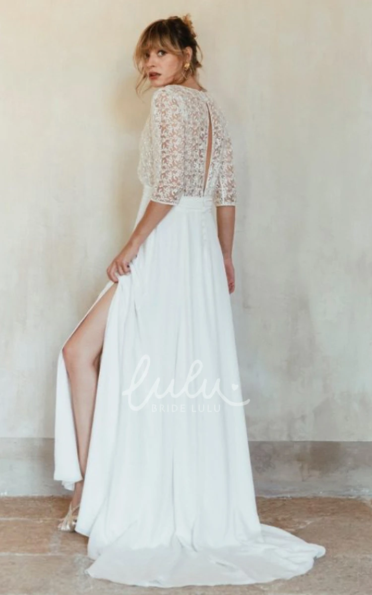 Lace V-neck A-Line Wedding Dress with Button Back and Half Sleeve Elegant Wedding Dress