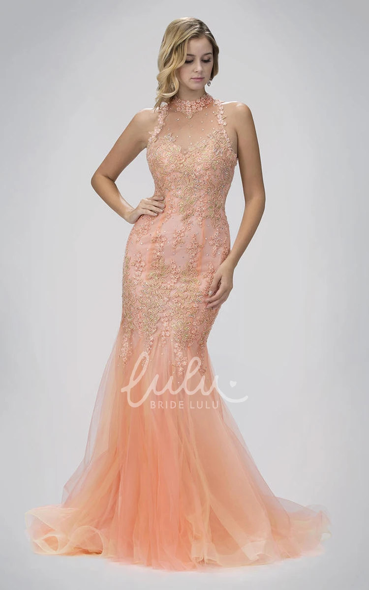 Mermaid Tulle Prom Dress with High Neckline and Appliques