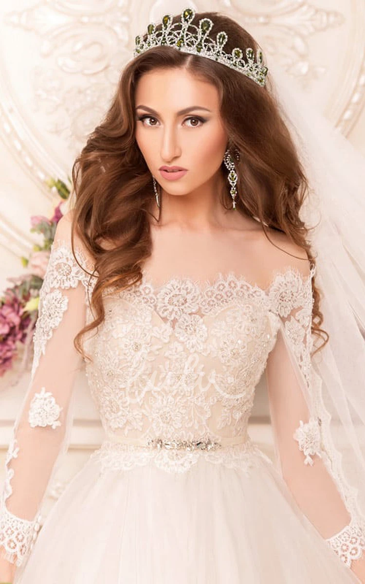 Off-The-Shoulder Ball Gown with Illusion Sleeves and Appliques