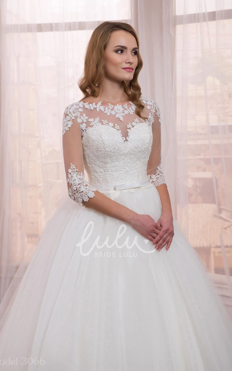 Appliqued Tulle Ball Gown Dress with Half Sleeves