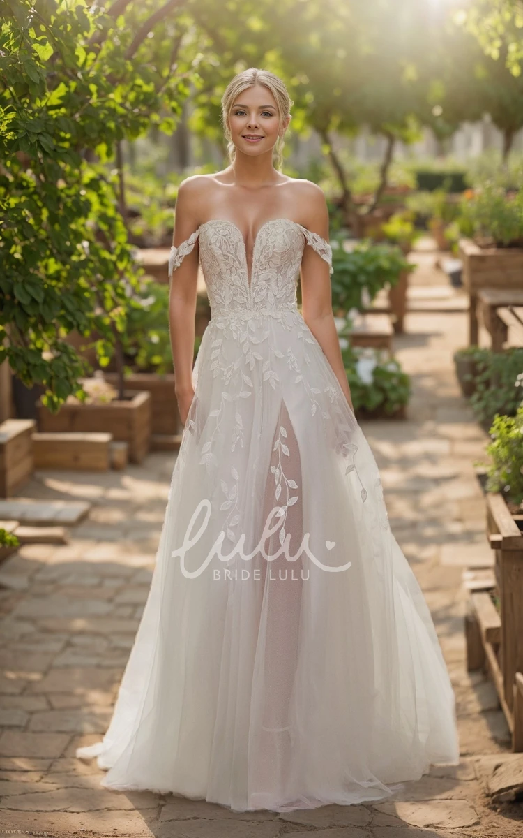 Ethereal Sexy Boho A-Line Lace Off-the-Shoulder Spring Wedding Dress Flowy Elegant Sleeveless Low Back High Slit Garden Beach Bridal Gown