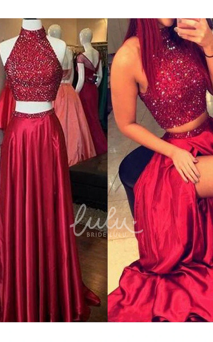 High Neck Satin Sequins Sleeveless A-Line Formal Dress