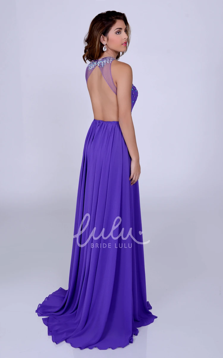 Sleeveless A-Line Chiffon Prom Dress with Rhinestone Neck and Sequined Bust