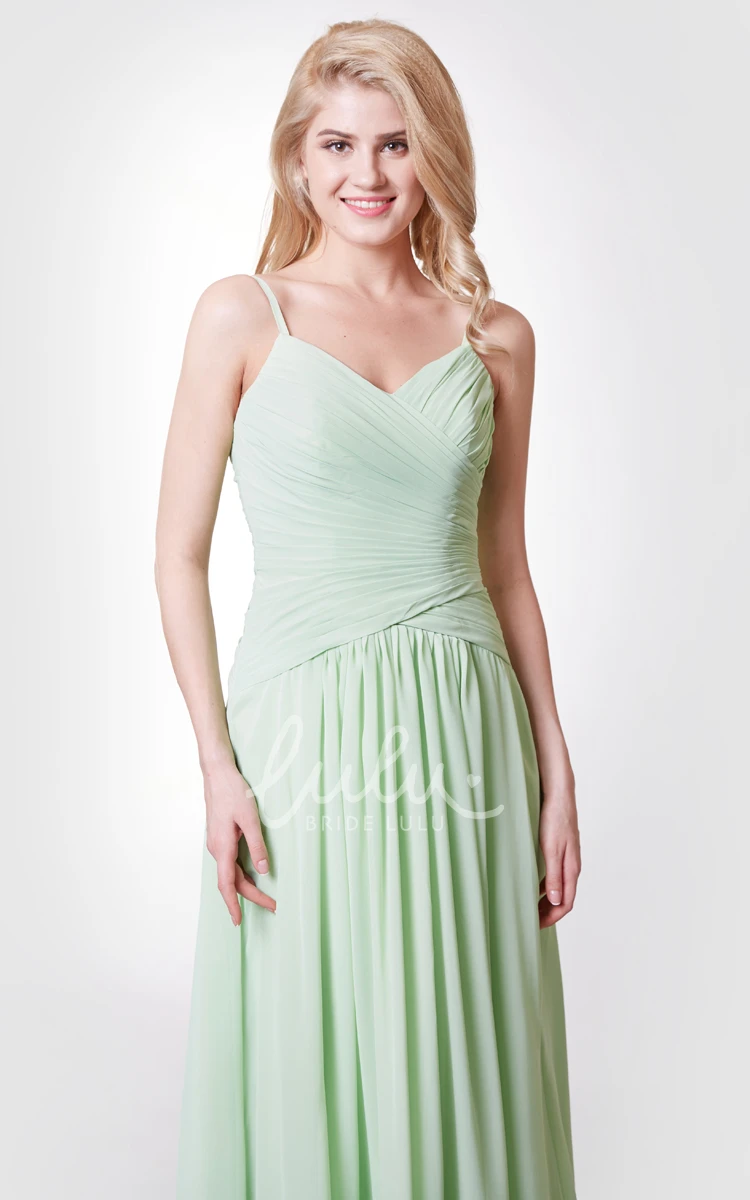 V-neck A-line Chiffon Bridesmaid Dress with Ruched Bodice and Crisscross Detail