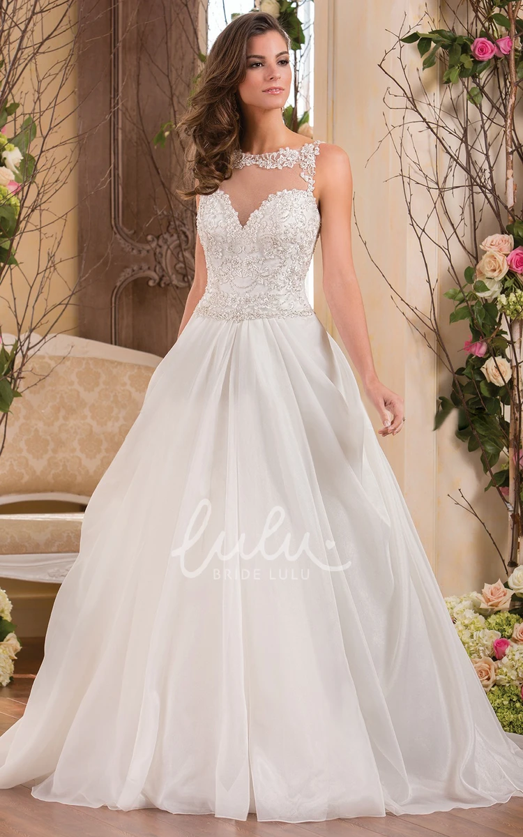 Appliqued A-Line Wedding Dress with Beaded Bateau-Neck and Sleeveless Design