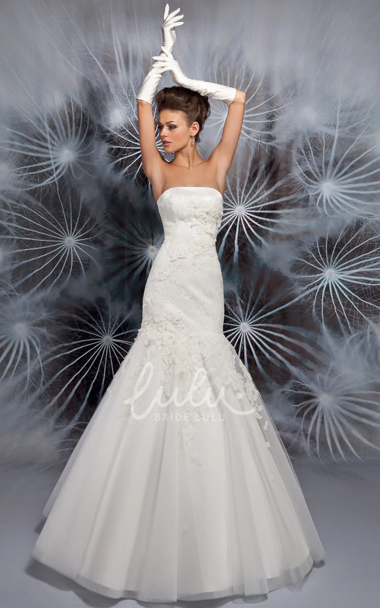 Satin&Lace Strapless A-Line Wedding Dress with Appliques and Bow Elegant Bridal Gown