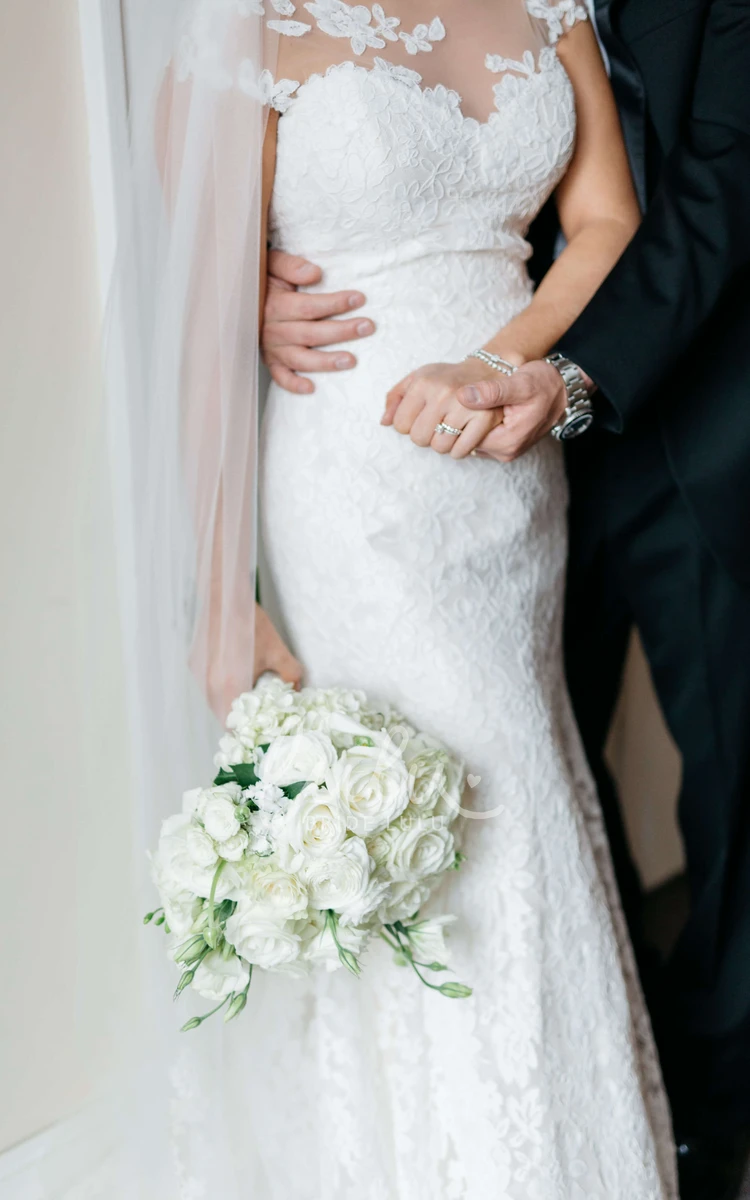 Mermaid Bateau Gown with Empire Waist and Lace Cap Sleeves Floral Appliques Unique Wedding Dress