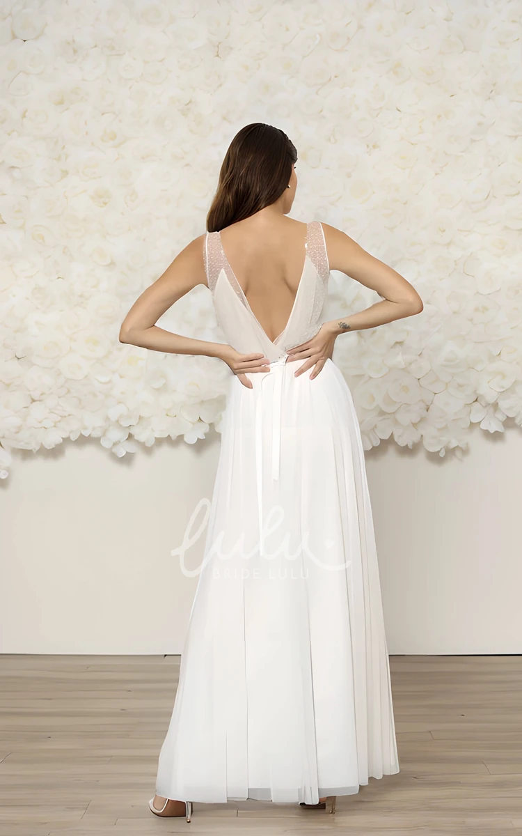 Floral Lace Appliques Sleeveless V-neck A-Line Floor-length Wedding Dress with Ribbon Deep-V Back Garden