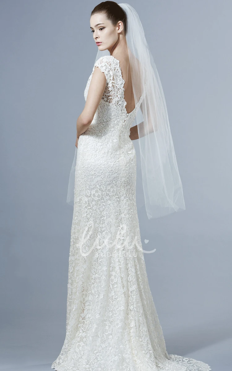 Cap-Sleeve Lace Wedding Dress with V-Back and Brush Train Classy Bridal Gown