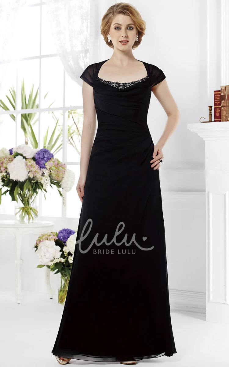 Long Mother of the Bride Dress with Cap Sleeves and Crystal Embellishments