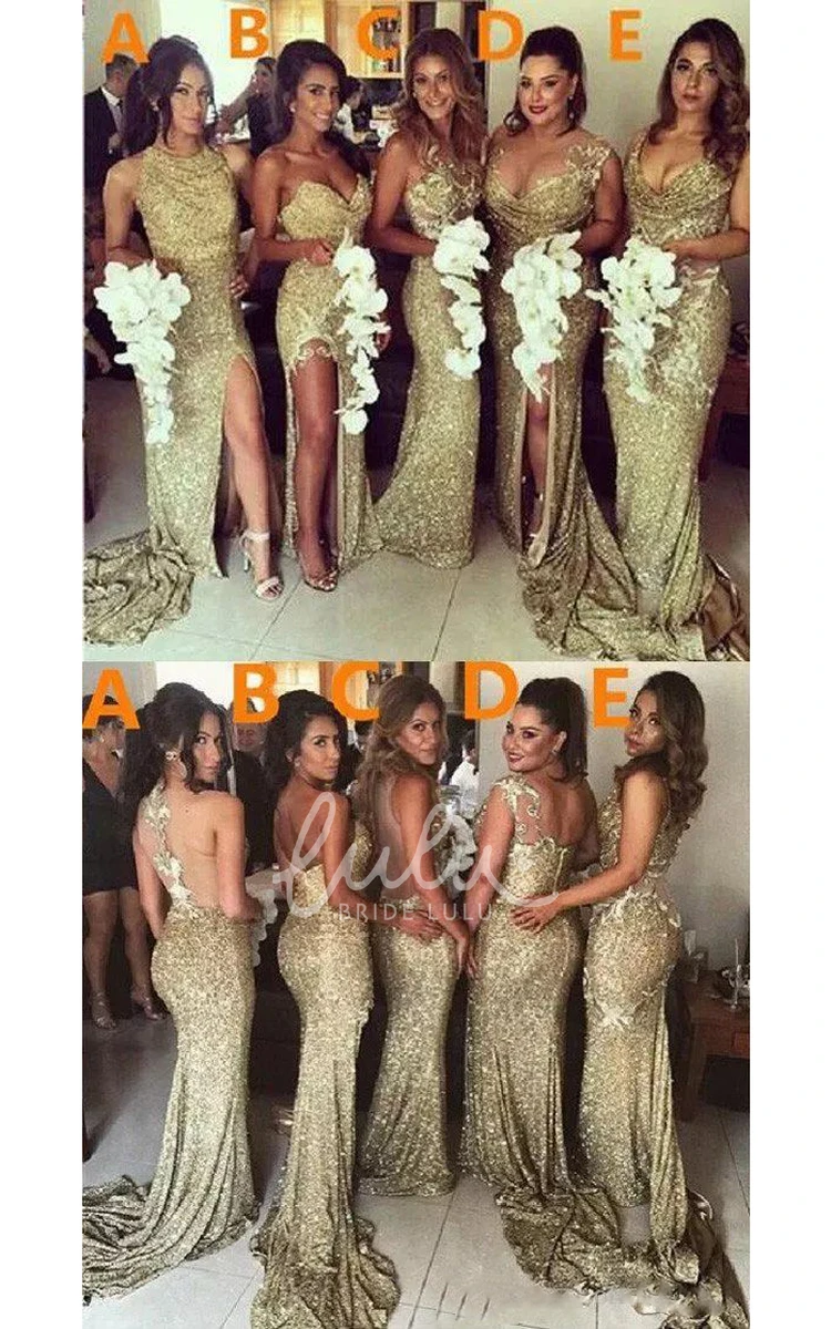 Sequin Sleeveless A-line Bridesmaid Dress with Split Front Halter Floor-length