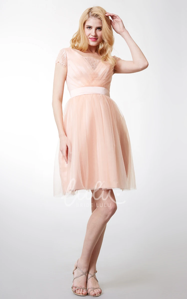 A-line Tulle Bridesmaid Dress with Short Sleeves Flowy and Chic