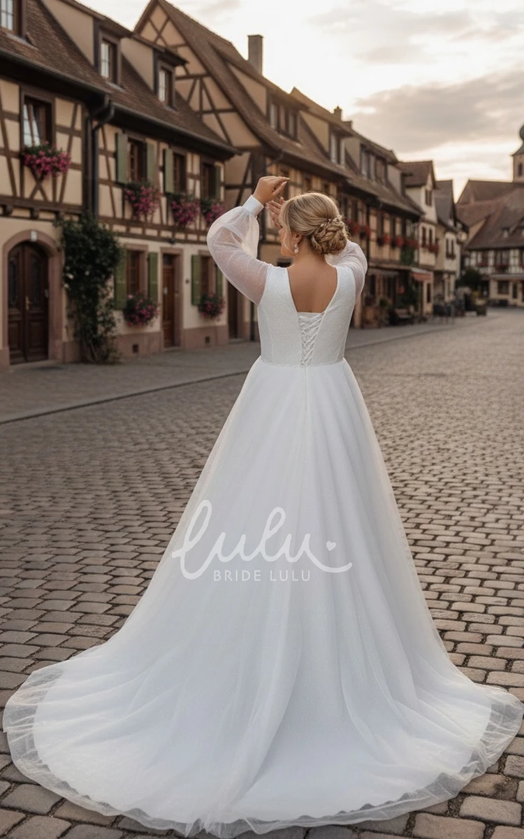Elegant Plus Size Long Sleeve A-Line V-neck Winter Wedding Dress Chapel Train with Modern Country