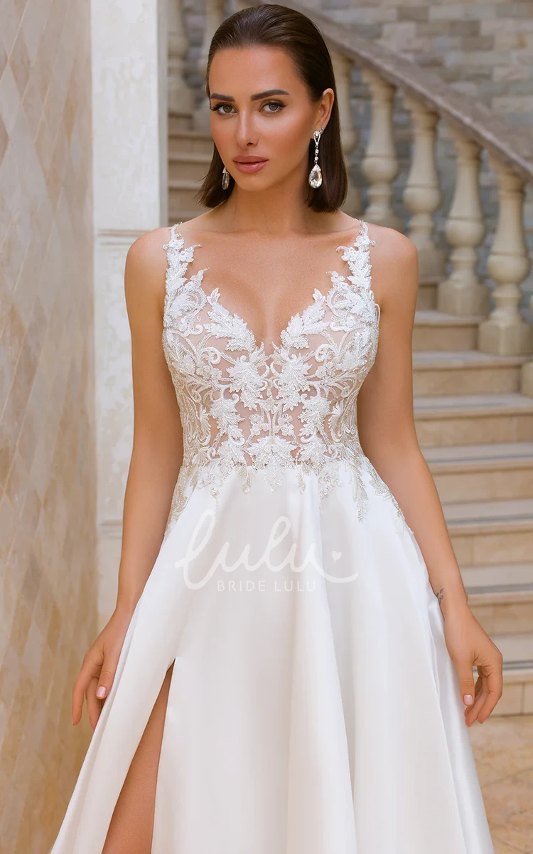 Elegant A-Line Spaghetti Lace Appliques Sweep Train Natural Wedding Dress