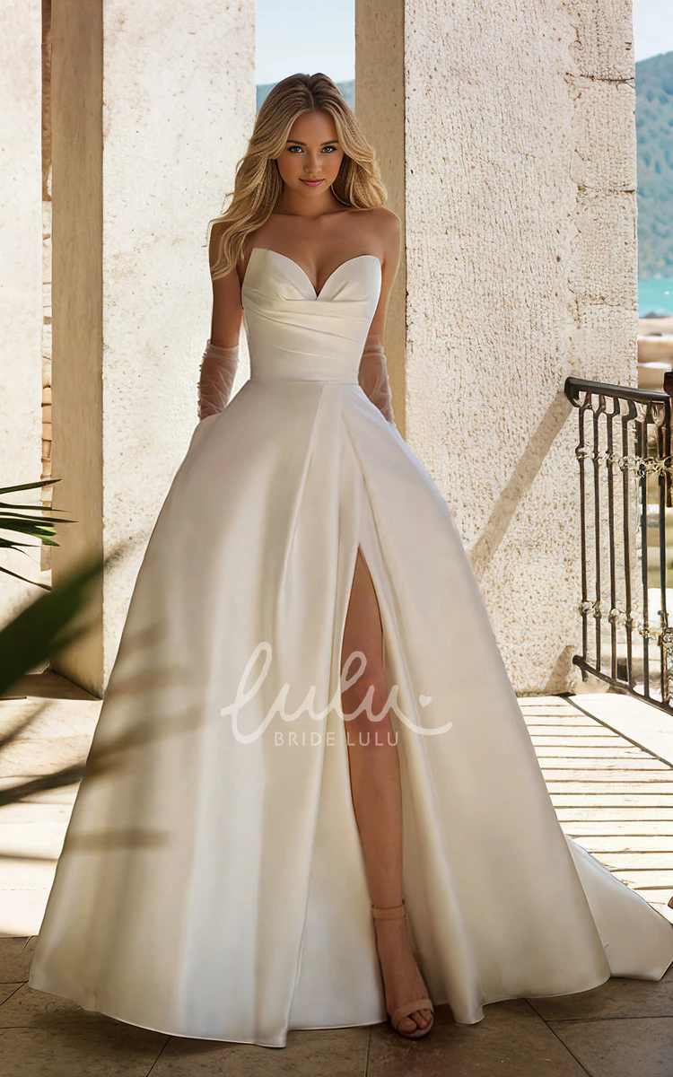 Simple Solid Satin Strapless A-Line V-neck Wedding Dress Sexy Elegant Sleeveless Split Front Floor-length Lace-up Back Bridal Gown with Train