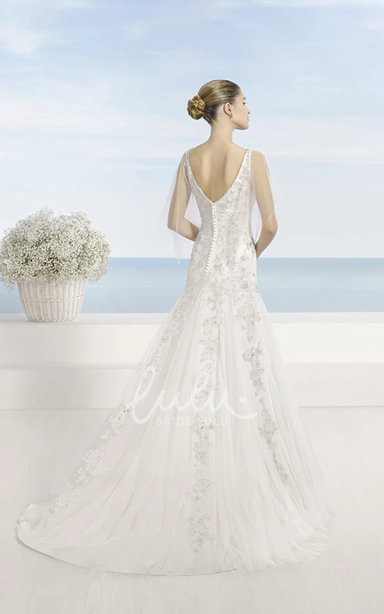 Cape Low-V Back Tulle Wedding Dress A-Line Beaded Floor-Length