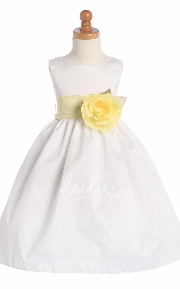 Tiered Tea-Length Flower Girl Dress with Floral Accents