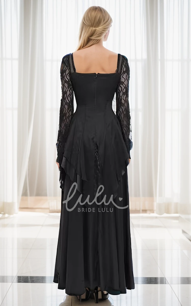 Casual Sheath Square Neckline Black Wedding Dress Floor-length Illusion Long Sleeve Beading Beach Gown