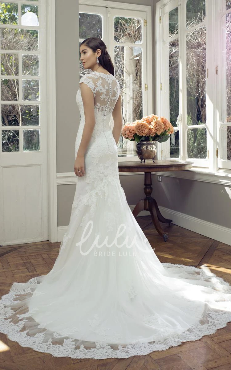 Lace Cap-Sleeve V-Neck Sheath Wedding Dress with Illusion Elegant Bridal Gown