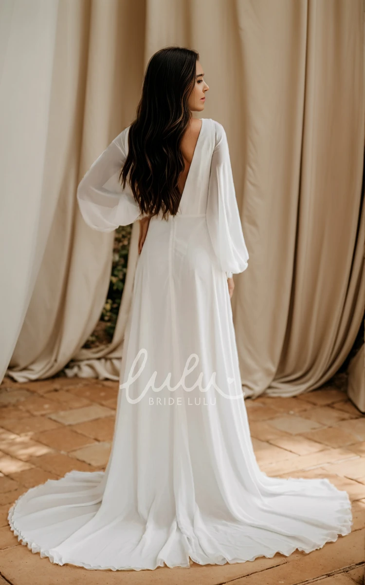 Elegant Flowy Boho A-Line Puff Long Sleeve Wedding Dress Formal Beach Illusion Plunging Neckline Deep-V Back Reception Bridal Gown with Court Train