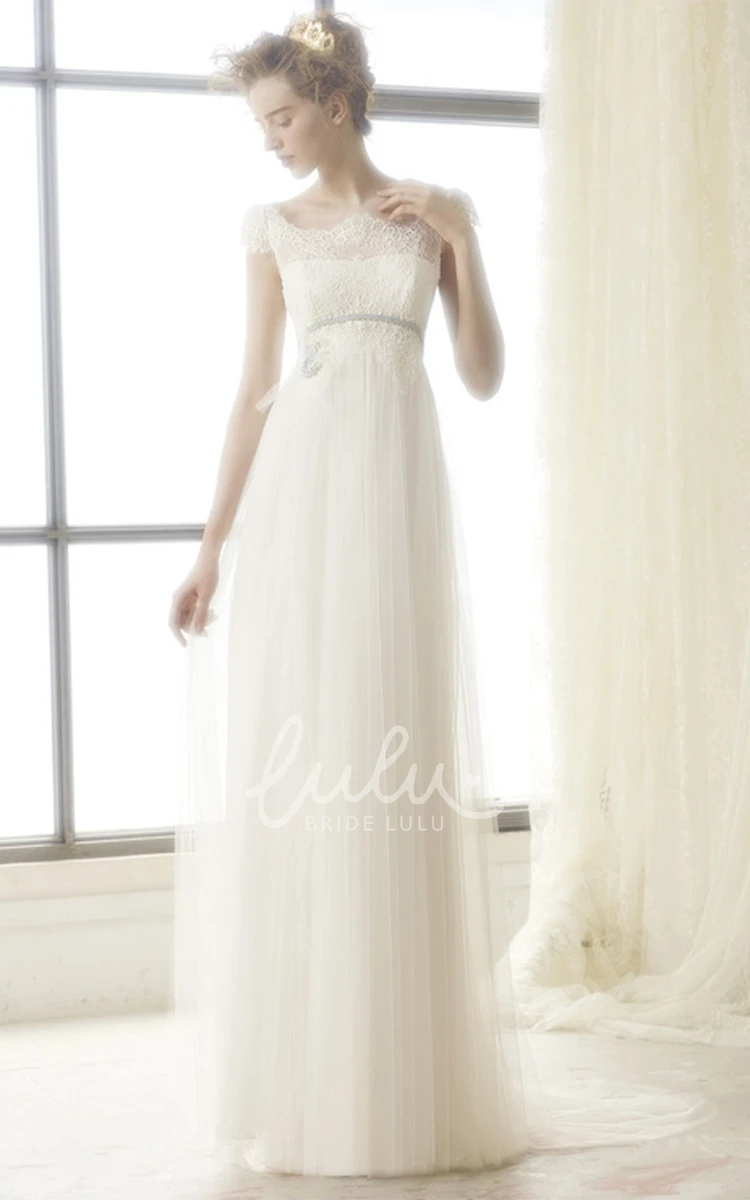 Sleeveless Lace Bateau Tulle Wedding Dress with Sweep Train Unique Wedding Dress