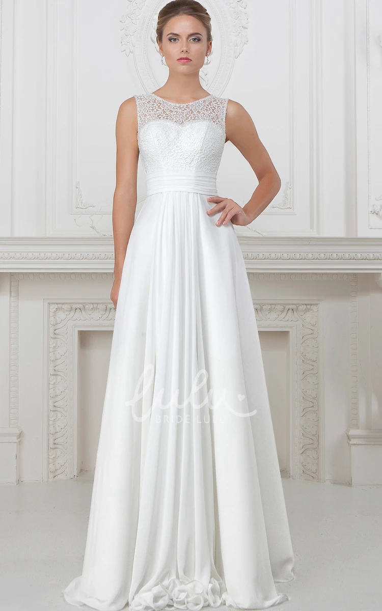 Lace Sleeveless A-Line Wedding Dress with Pleats Long Scoop-Neck